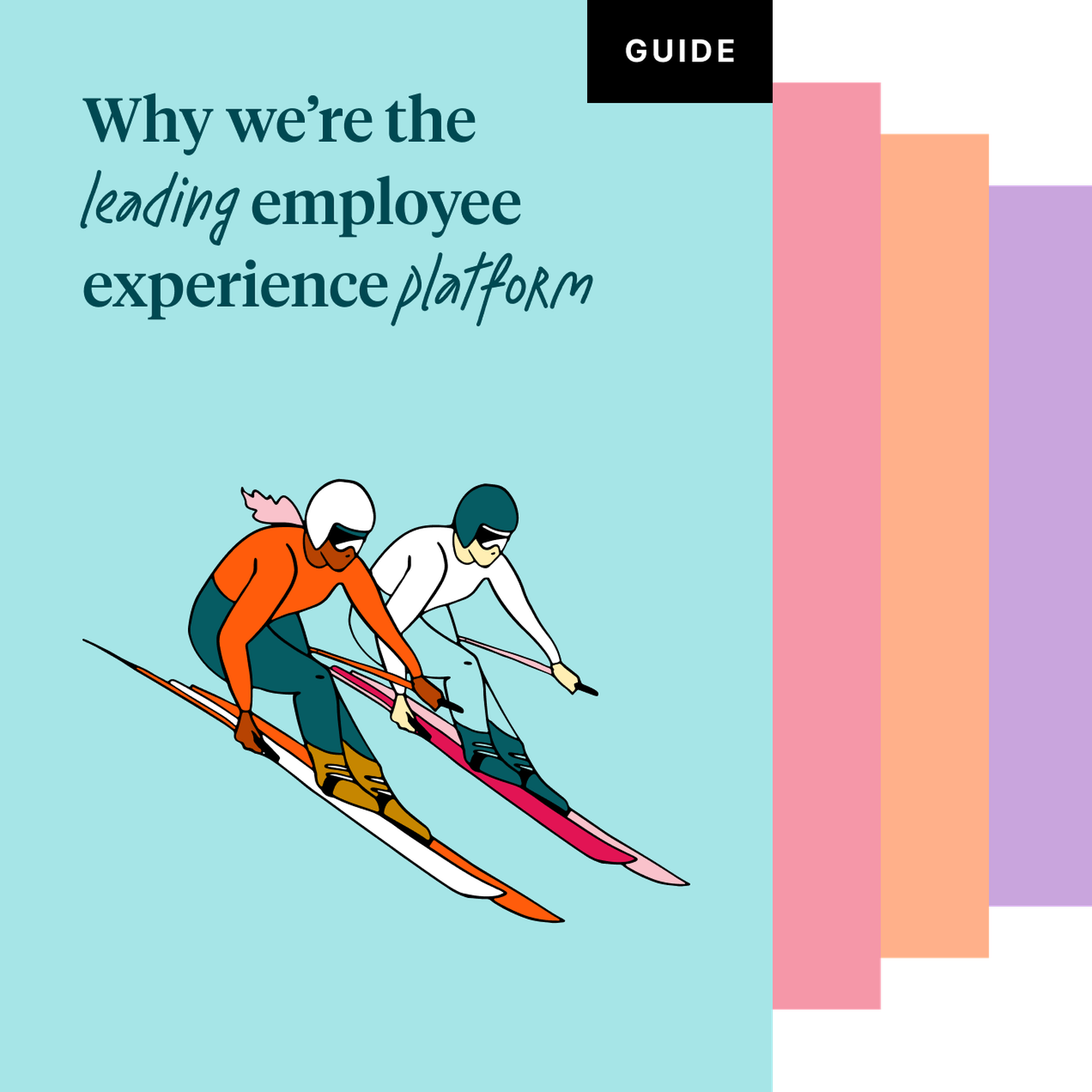 A stack of cover image for different resources, the top of the stack is an illustration of someone skiing with the title "We're the leading employee experience platform"