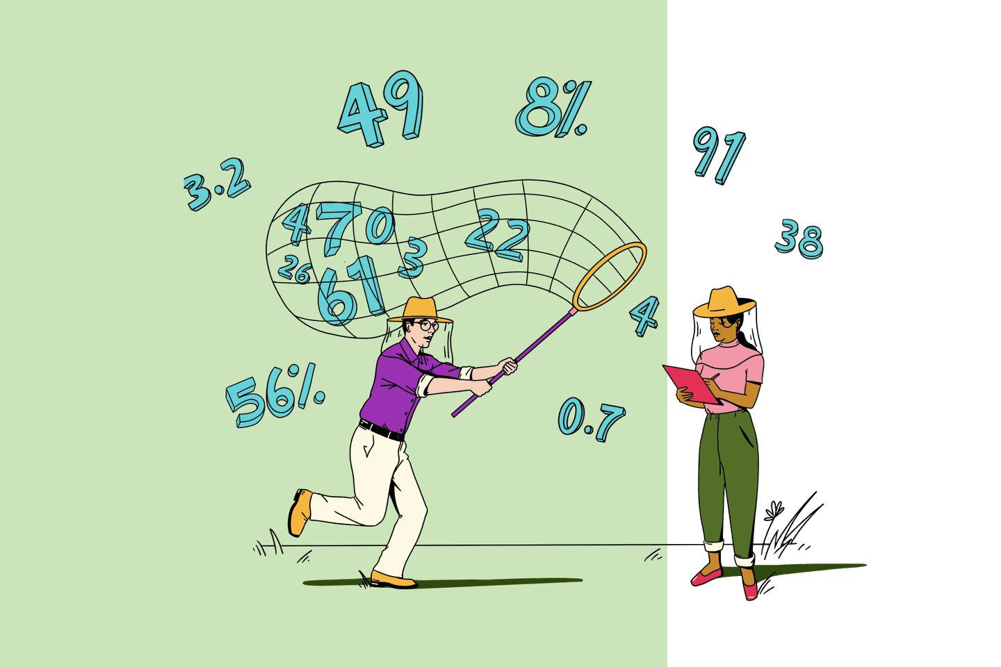 Illustration of two people catching and cataloging stylized numbers and mathematical figures in a large net