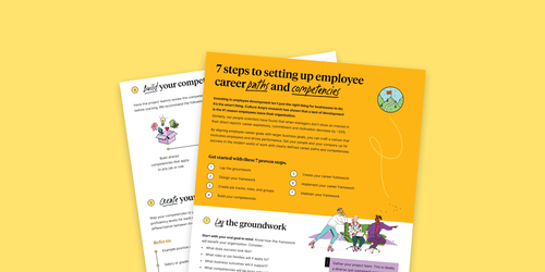 Implementing career path and competencies for employee development infographic on dark yellow background