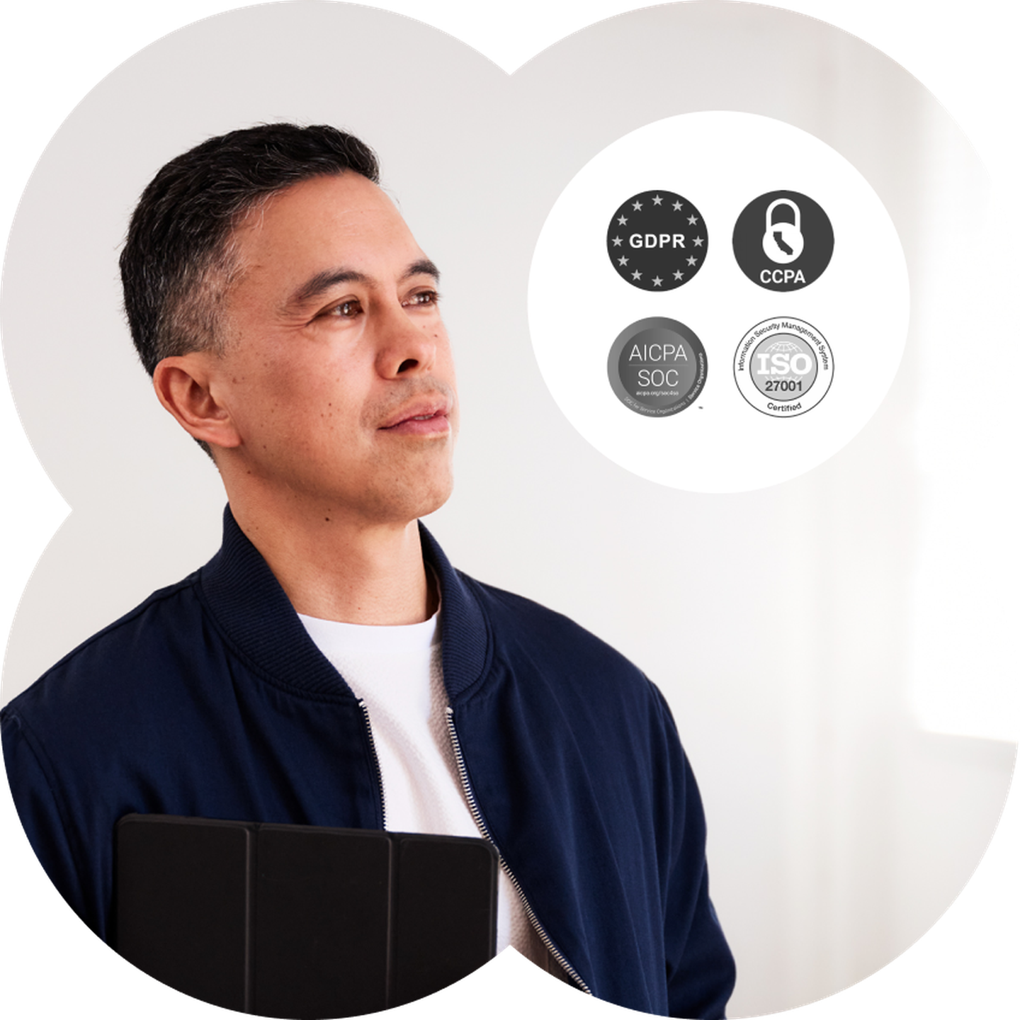 A headshot of a man with an overlayed graphic displaying our security badges including: GDPR, CCPA, AICPA SOC, ISO 27001