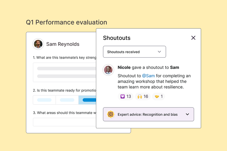 Screenshot of how Shoutouts from Culture Amp is integrated into the performance review process