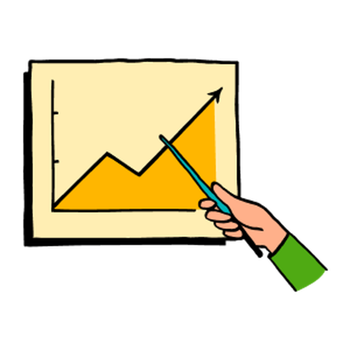 Illustration of a yellow graph with a line trending up and a floating hand pointing to a part of it