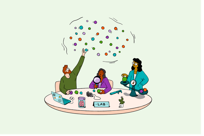 Illustration of three people at a table, reaching for a data cloud; investigating and weighing items