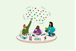 Illustration of three people at a table, reaching for a data cloud; investigating and weighing items