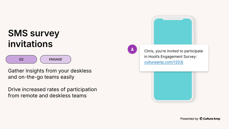 Graphic depicting Culture Amp's "SMS survey invites" feature