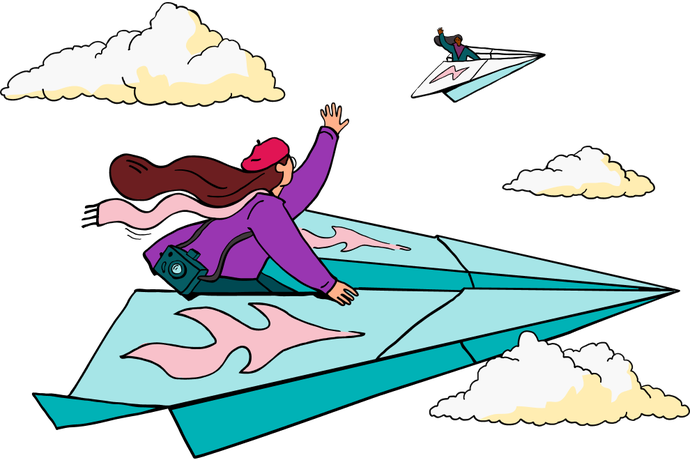 Illustration of a person sitting atop of a paper plane flying in the sky.