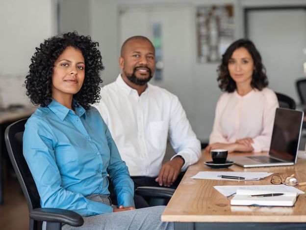 Employees sitting at board room table