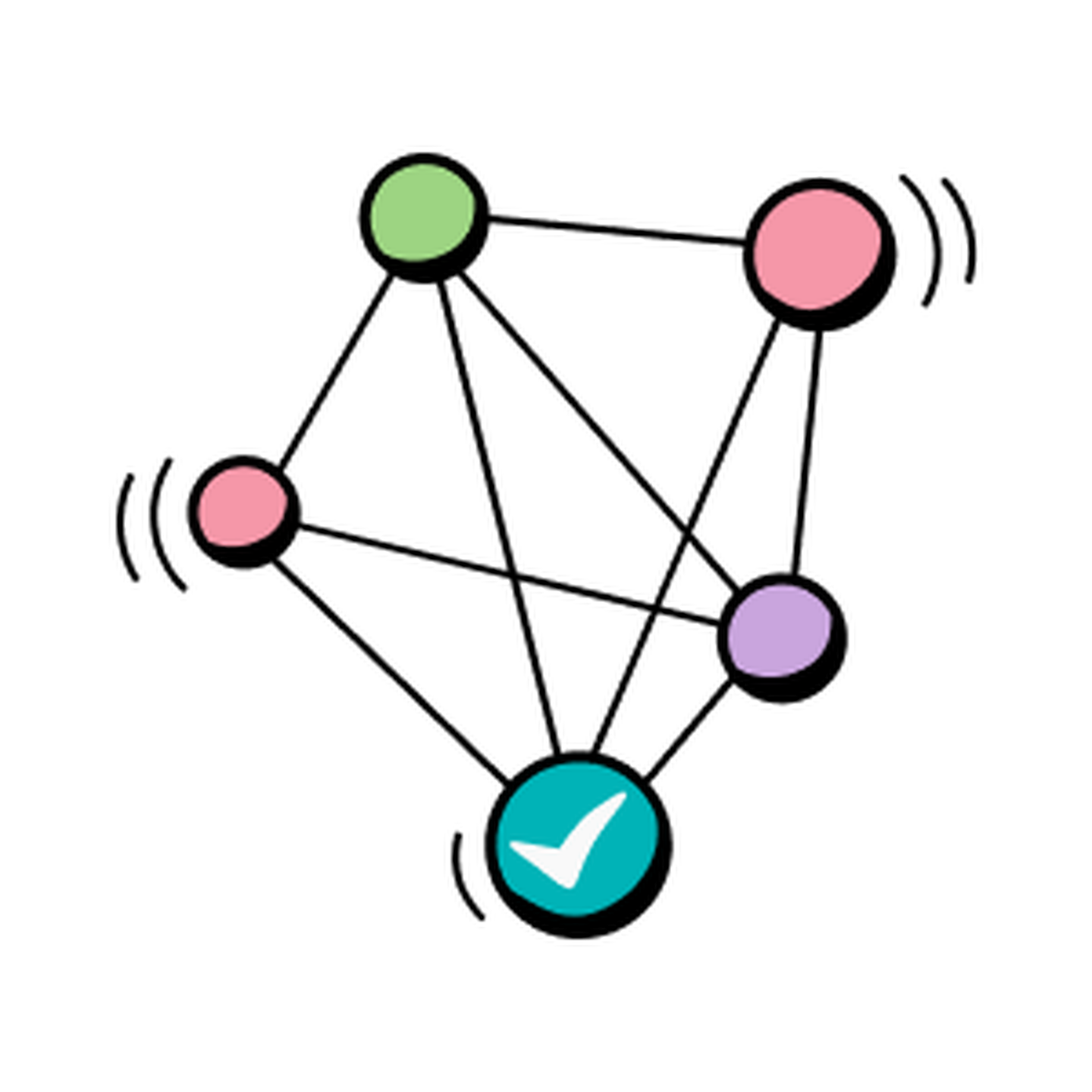 Illustration of 5 pastel coloured balls interconnected by lines, the biggest blue ball has a white checkmark