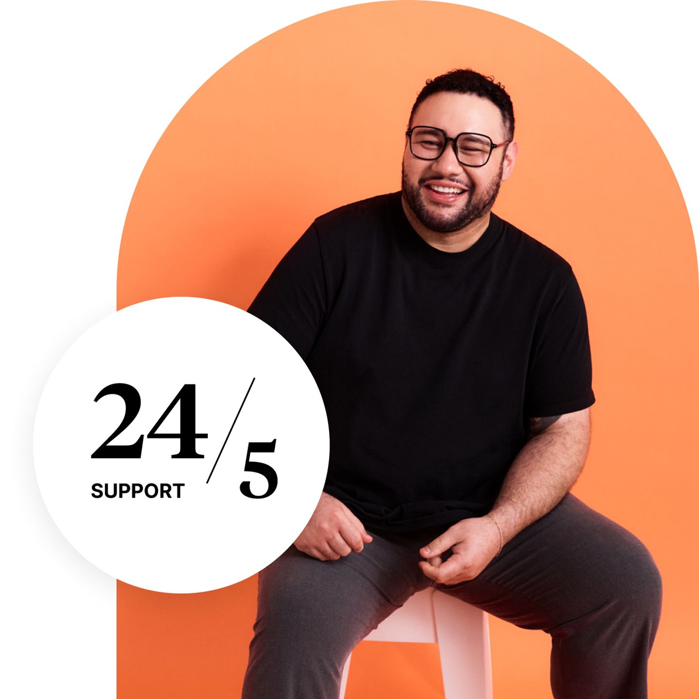 A photos of a man sitting on a chair with an overlayed graphic that says "24/5 support"