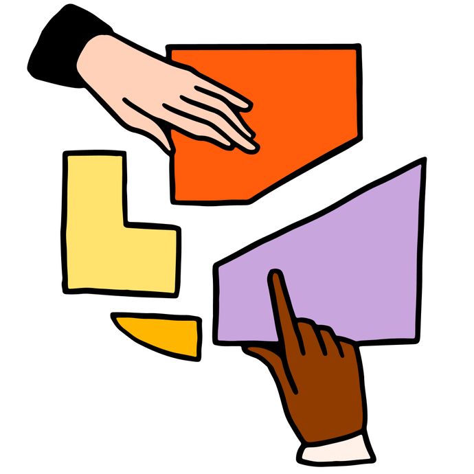 Illustration of two hands piecing together different colorful puzzle shapes.