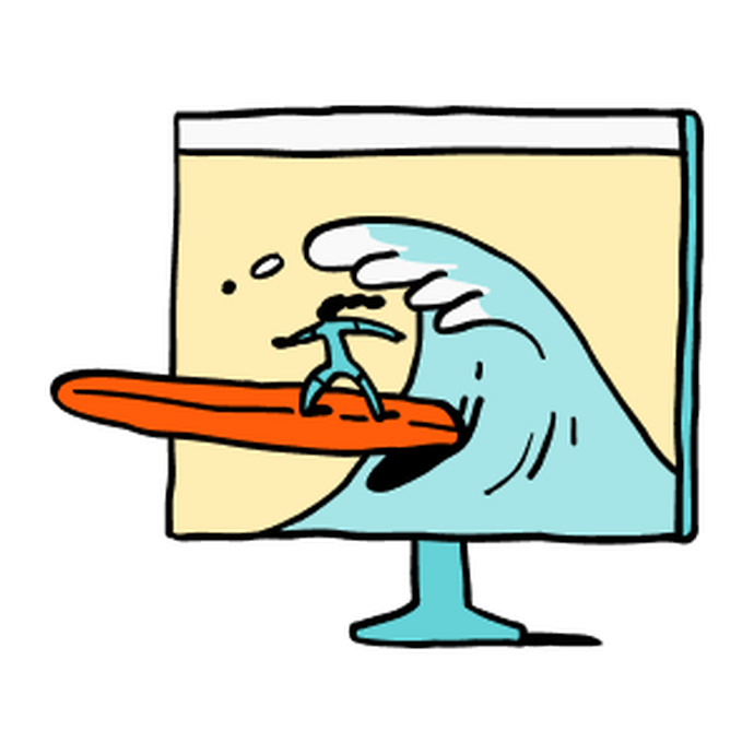 Illustration of a person surfing on a desktop with the surfboard coming out of the screen