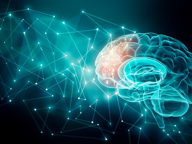 Human brain activity with plexus lines external cerebral connections in the frontal lobe communication psychology artificial intelligence or ai cognition concepts illustration with copy space