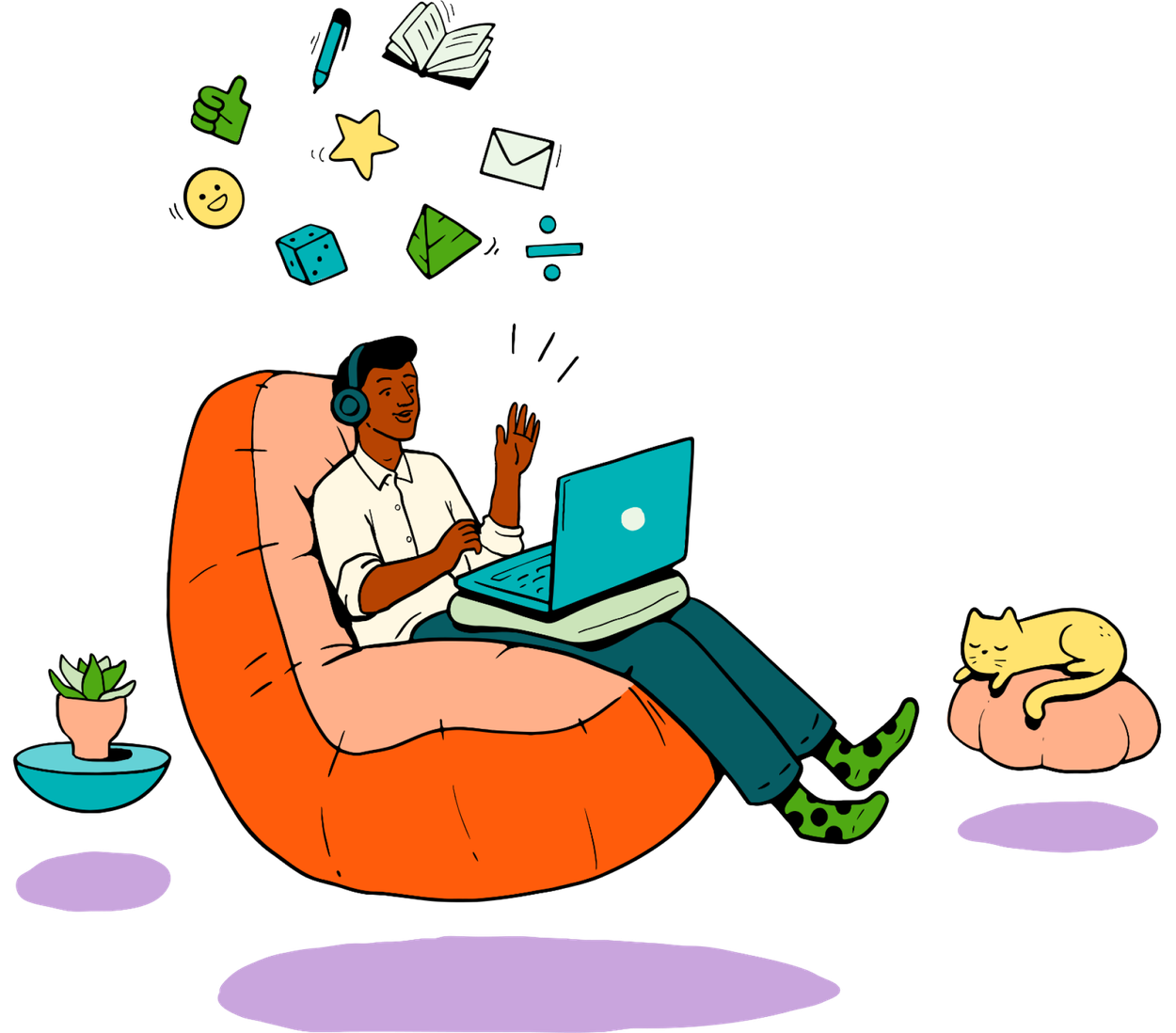 Illustration of a person sitting in a floating chair with headphones on a virtual call