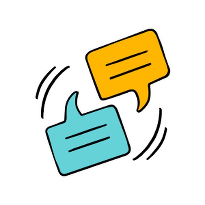 Illustration of a two speech bubbles, a yellow 180 degrees rotated opposite a blue 