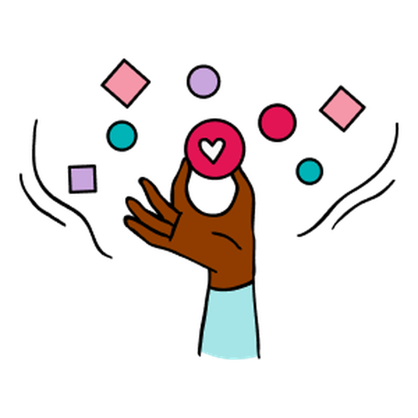 Illustration of a hand reaching for a heart in a circle amidst floating brightly coloured shapes