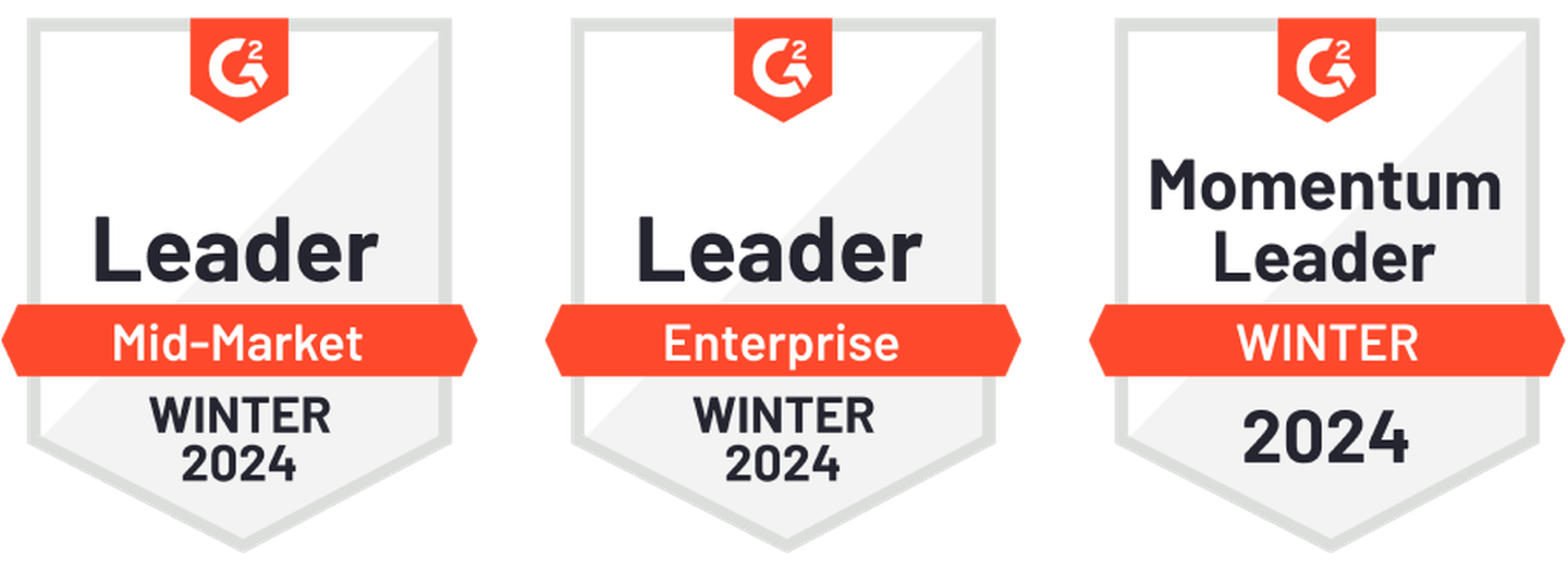 Winter 2024 mid-market/ enterprise leader G2 badge set