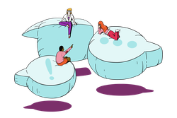 Illustration of a group of community members chatting on floating balloons shaped like chat bubbles