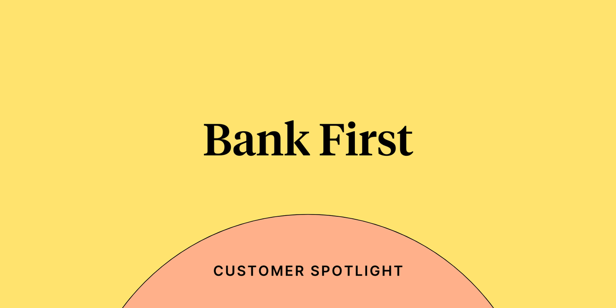Text reading "Bank First" on a purple background