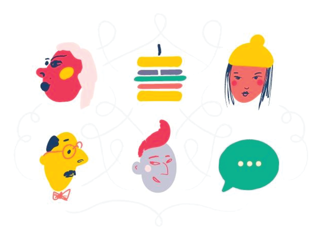 Illustration of six icons depicting feedback