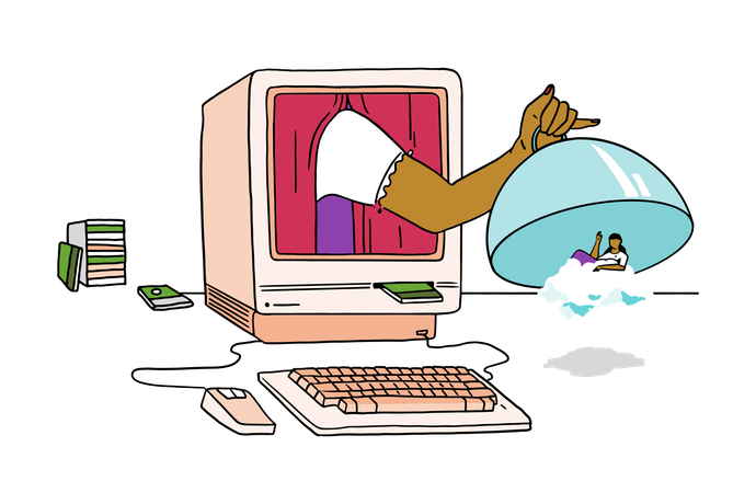 Illustration of an arm coming out of a computer revealing a mini person on a cloud under a cloche