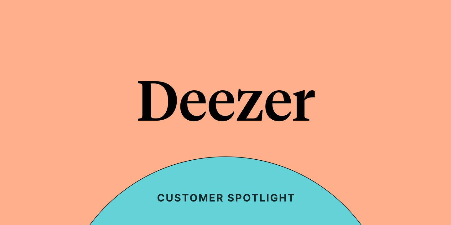 Text reading "Deezer" on a light orange background, with a teal semi-circle reading "Customer spotlight" below it.