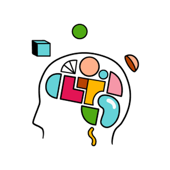 Illustration with the outline of a head filled with brightly coloured objects and floating shapes around it