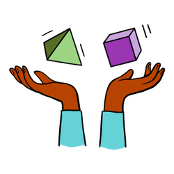 Illustration of two hands with a green pyramid and and purple cube floating above