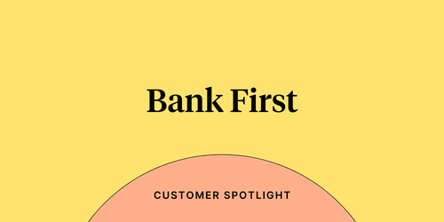 Text reading "Bank First" on a purple background