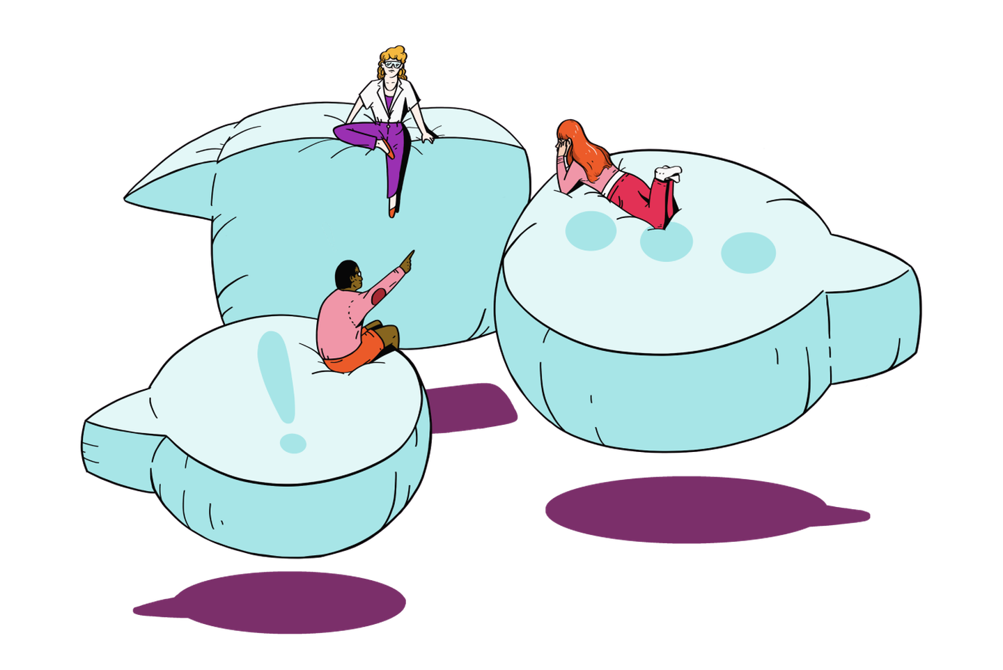 Illustration of a group of community members chatting on floating balloons shaped like chat bubbles