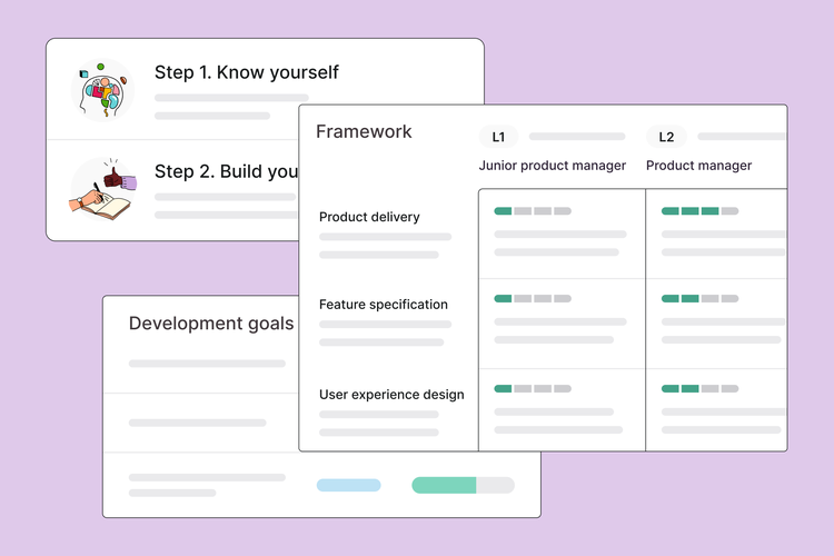 Illustration of Culture Amp platform showing development tracking, frameworks, and development plans.