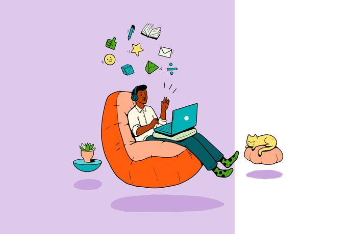 Illustration of a person sitting in a floating chair with headphones on a virtual call