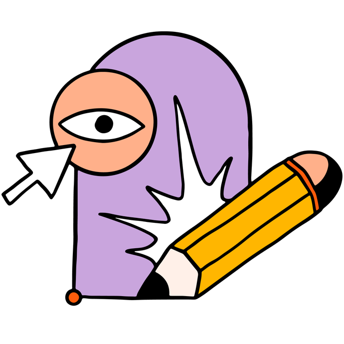 Abstract illustration of a purple arched shape, with a pencil at the bottom right of the shape, and a circle with an eyeball at the upper left of the shape.