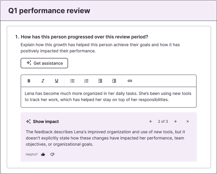 Screenshot of product performance review