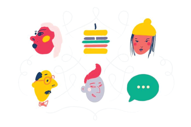 Illustration of six icons depicting feedback