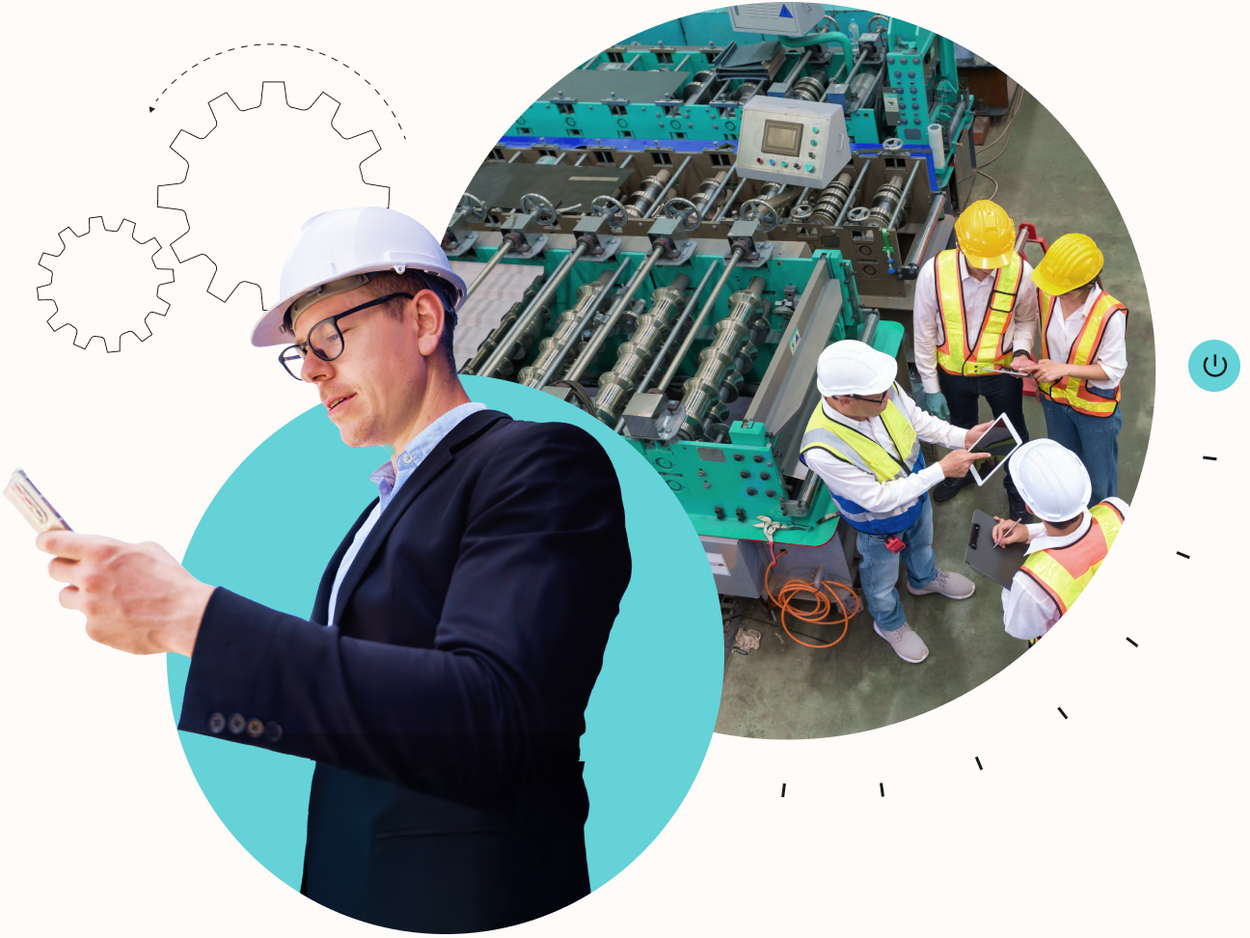 employees on warehouse floor in protective gear with mobile phone