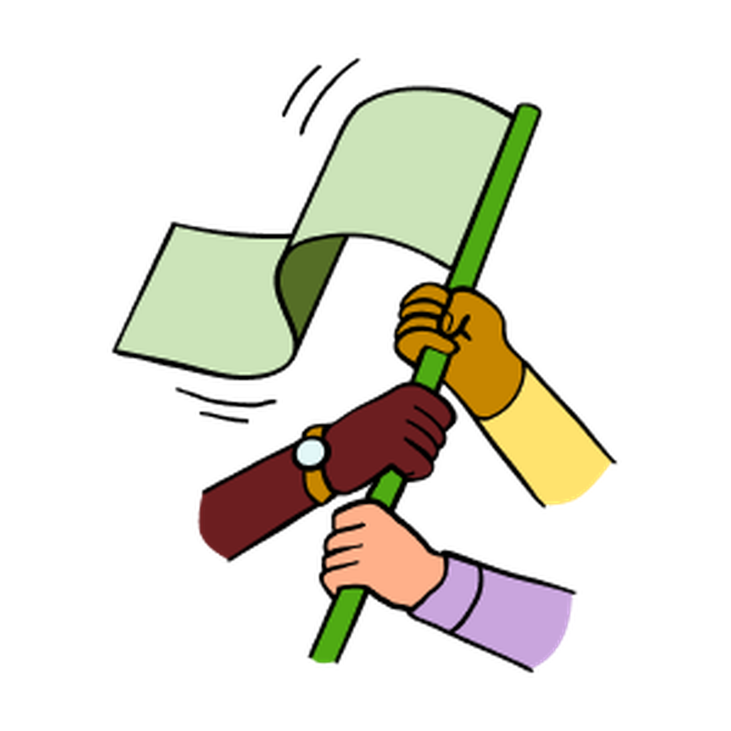 Illustration of three people holding a green flag