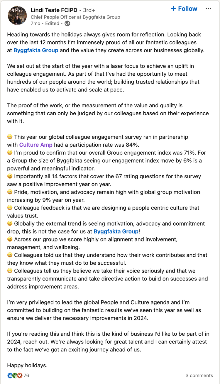 Screenshot of Lindi at Byggfakta Group's LinkedIn post