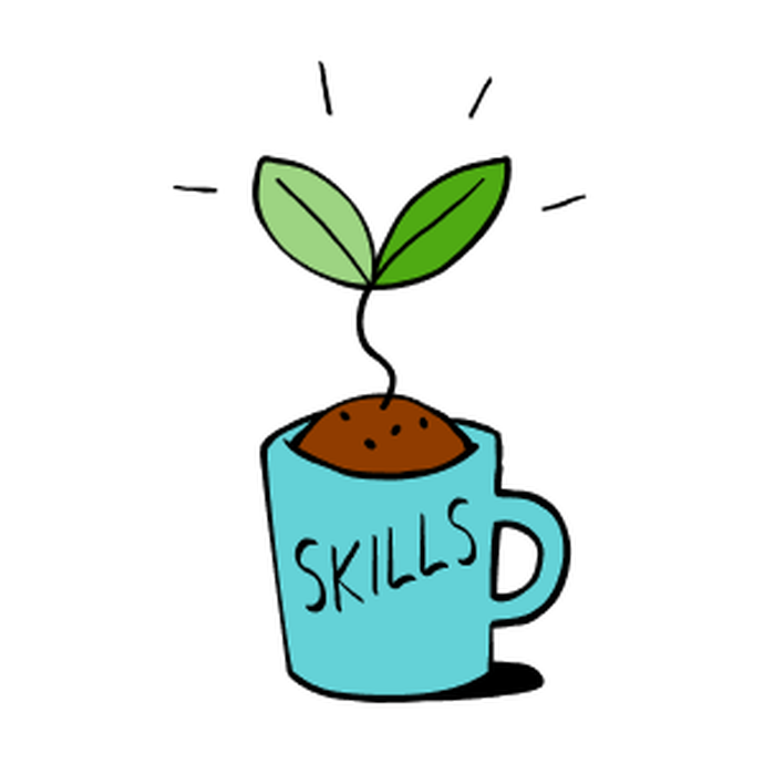 Illustration of a blue cup with the word 'skills' on it, filled with soil and a sprouting plant