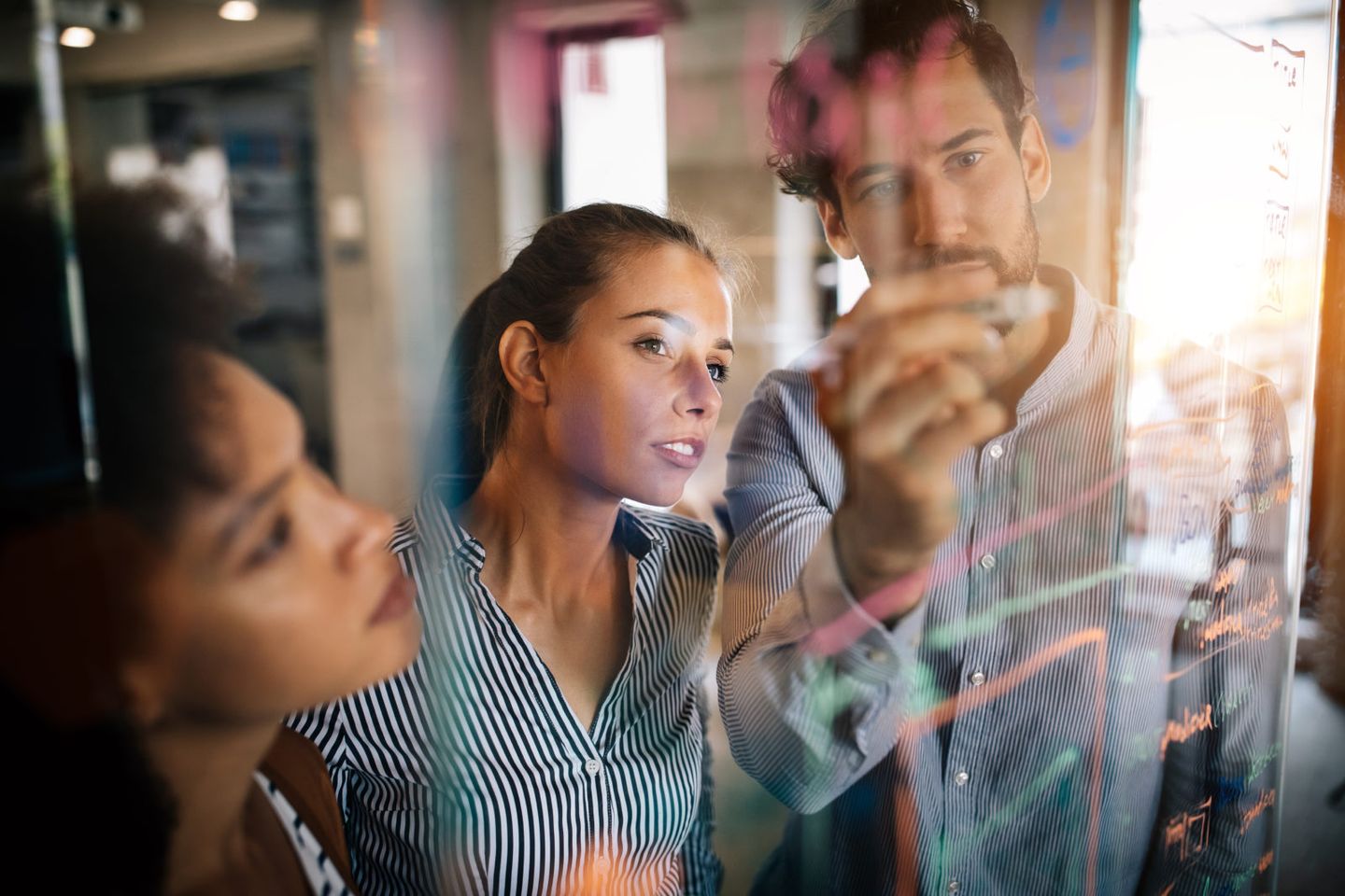 Employees working through equation