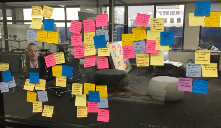 Sticky note brainstorm from Culture Amp's hackathon in Melbourne