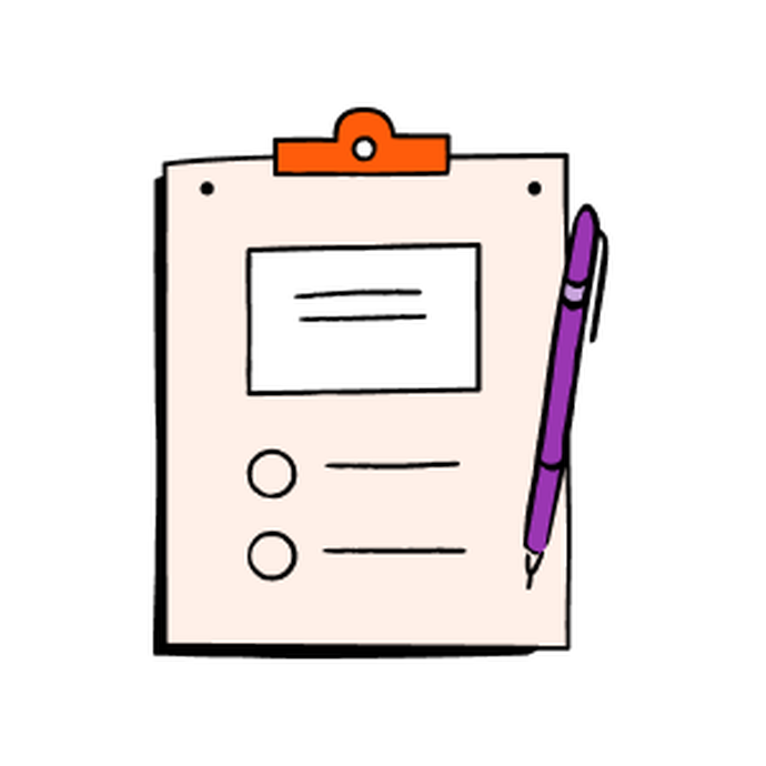 Illustration of a clipboard with a simplified survey and a floating pen