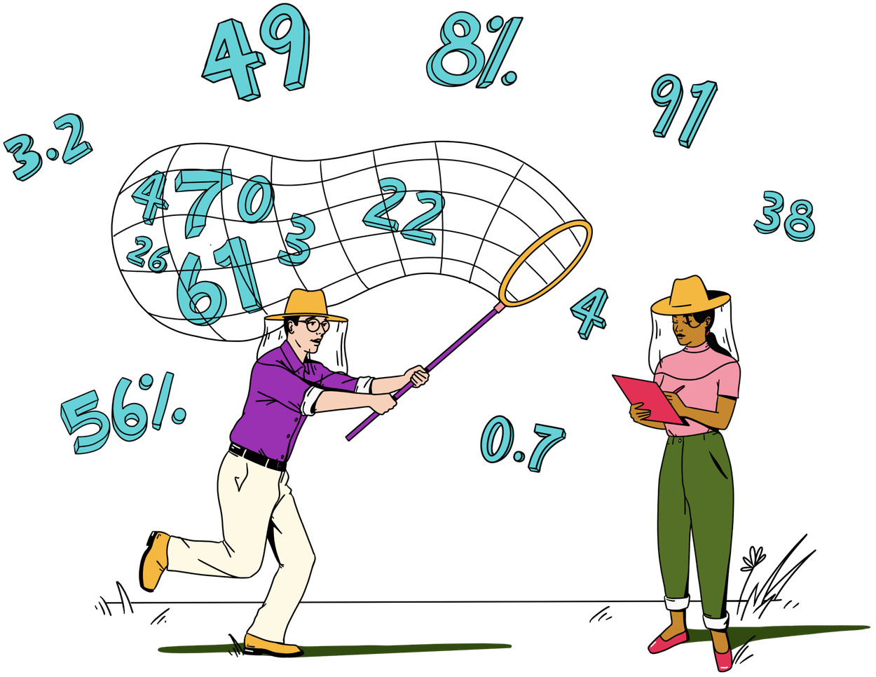 Illustration of two people, one catching floating data with a net, the other making notes on a clipboard