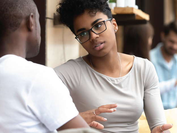 Two people having a serious conversation
