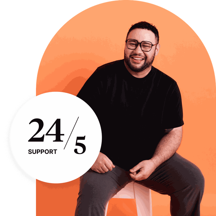 A photos of a man sitting on a chair with an overlayed graphic that says "24/5 support"