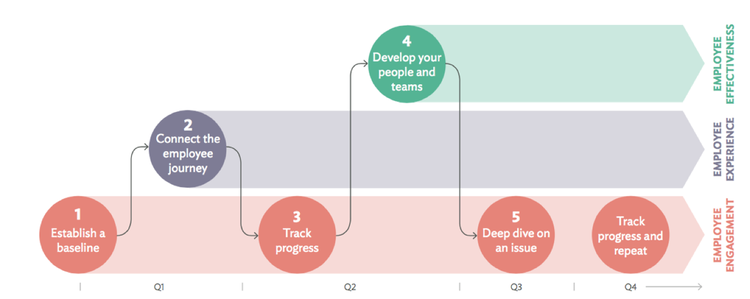 How employee engagement affects and interacts with employee experience and employee effectiveness over a year