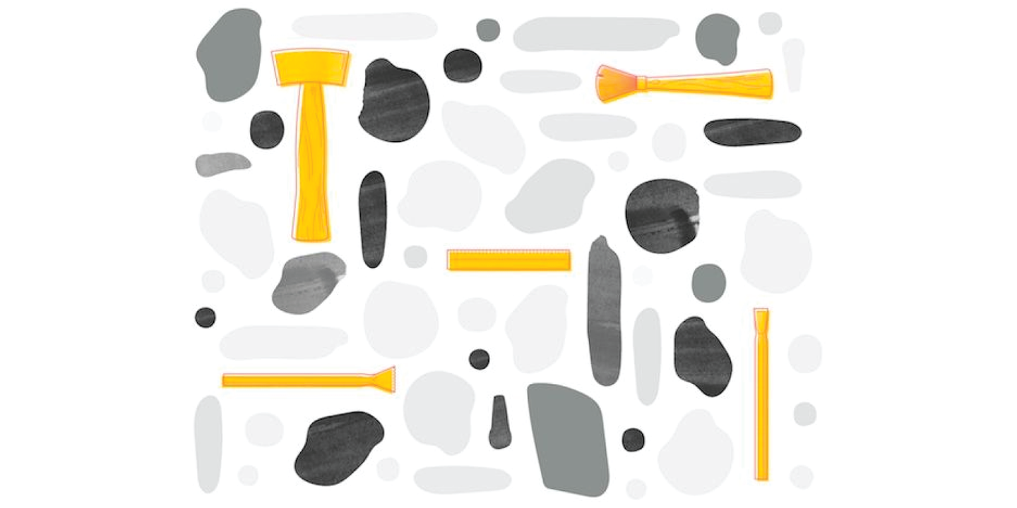 Illustration of rocks and different tools for metaphorically excavating company values
